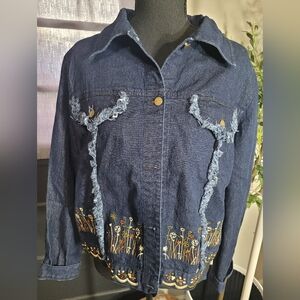 Vintage Signature By Jerell Blue Denim Jacket with Fringe Raw Hem and Embroidery